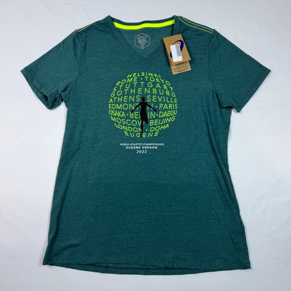 Asics Graphic V-Neck T-Shirt Womens Medium Green World Athletics Eugene 2022